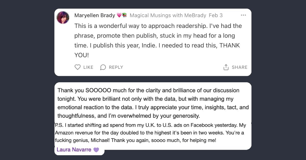 Two authors share praise for Michael’s guidance. One felt inspired to publish after hearing “promote then publish.” Another saw Amazon sales double after shifting ad spend based on his advice, calling him a genius and thanking him for his support.
